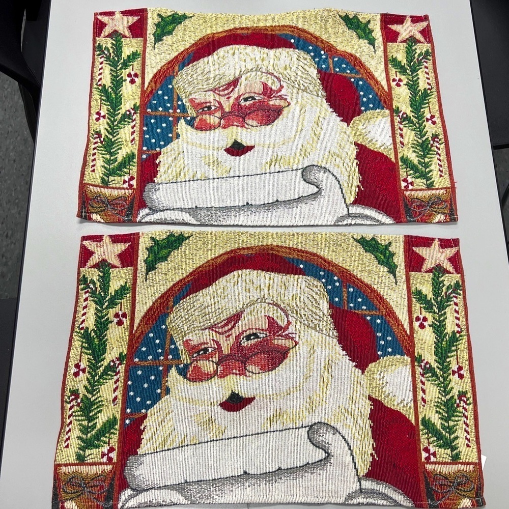 Santa Woven Tapestry  Set Of 2 Christmas Placemats Preowned Clean Jolly Santa